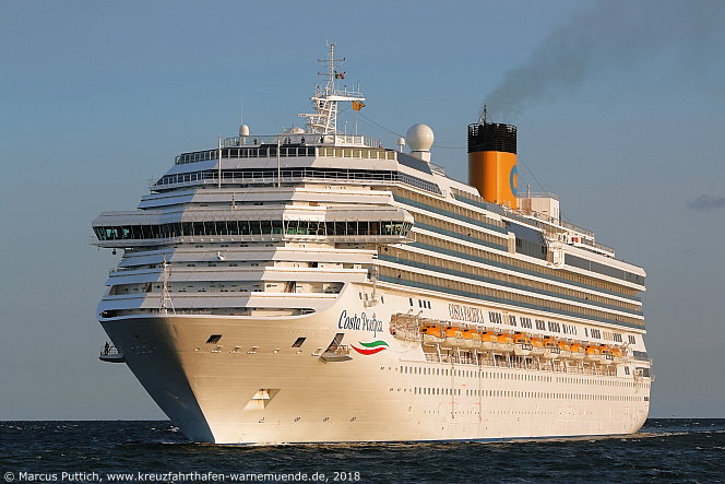 Das Kreuzfahrtschiff COSTA PACIFICA am 21. August 2018 im Kreuzfahrthafen Warnemünde in der Hansestadt Rostock.