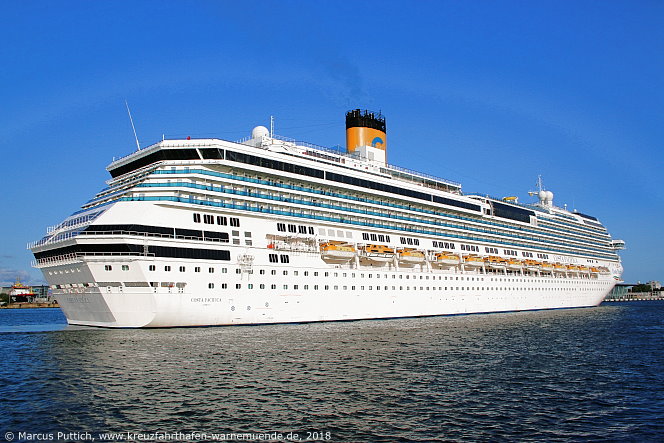 Das Kreuzfahrtschiff COSTA PACIFICA am 21. August 2018 im Kreuzfahrthafen Warnemünde in der Hansestadt Rostock.