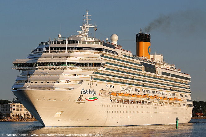 Das Kreuzfahrtschiff COSTA PACIFICA am 21. August 2018 im Kreuzfahrthafen Warnemünde in der Hansestadt Rostock.