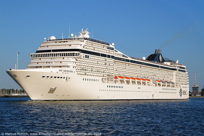 Das Kreuzfahrtschiff MSC ORCHESTRA am 19. Mai 2018 im Kreuzfahrthafen Warnem&uuml;nde in der Hansestadt Rostock.