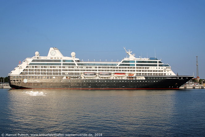 Kreuzfahrtschiff AZAMARA JOURNEY am 09. August 2018 im Kreuzfahrthafen Warnem&uuml;nde in der Hansestadt Rostock.