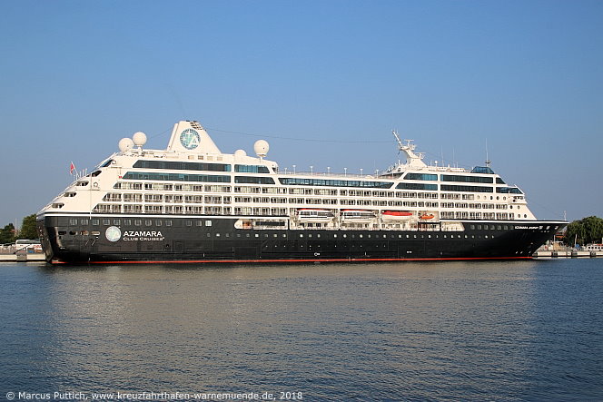 Kreuzfahrtschiff AZAMARA JOURNEY am 09. August 2018 im Kreuzfahrthafen Warnem&uuml;nde in der Hansestadt Rostock.