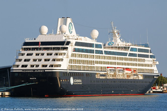 Kreuzfahrtschiff AZAMARA JOURNEY am 09. August 2018 im Kreuzfahrthafen Warnem&uuml;nde in der Hansestadt Rostock.