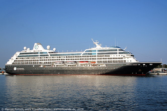 Kreuzfahrtschiff AZAMARA JOURNEY am 09. August 2018 im Kreuzfahrthafen Warnem&uuml;nde in der Hansestadt Rostock.