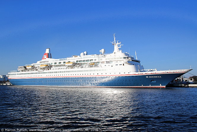 Das Kreuzfahrtschiff BOUDICCA am 08. April 2018 im Kreuzfahrthafen Warnem&uuml;nde in der Hansestadt Rostock.