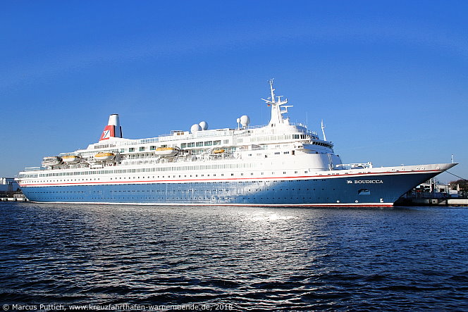 Das Kreuzfahrtschiff BOUDICCA am 08. April 2018 im Kreuzfahrthafen Warnemünde in der Hansestadt Rostock.
