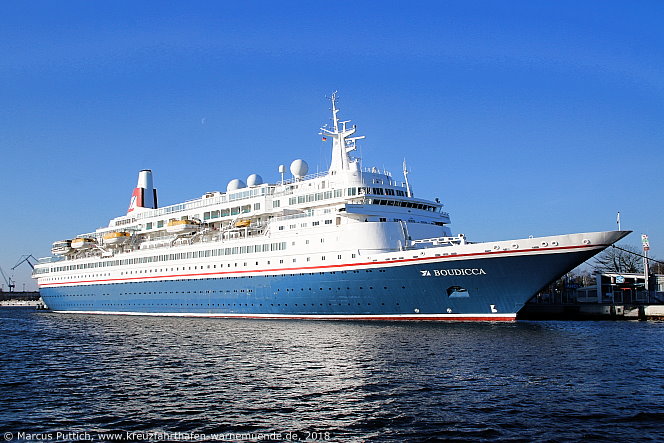 Das Kreuzfahrtschiff BOUDICCA am 08. April 2018 im Kreuzfahrthafen Warnem&uuml;nde in der Hansestadt Rostock.