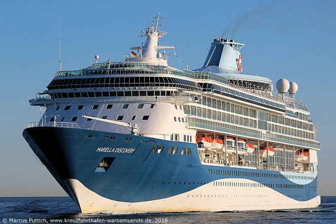 Das Kreuzfahrtschiff MARELLA DISCOVERY am 03. Juli 2018 im Kreuzfahrthafen Warnem&uuml;nde in der Hansestadt Rostock.