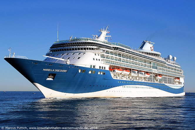 Das Kreuzfahrtschiff MARELLA DISCOVERY am 03. Juli 2018 im Kreuzfahrthafen Warnem&uuml;nde in der Hansestadt Rostock.