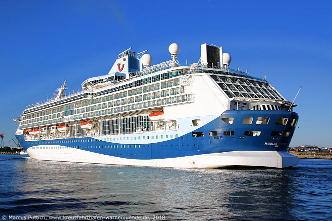 Das Kreuzfahrtschiff MARELLA DISCOVERY am 03. Juli 2018 im Kreuzfahrthafen Warnem&uuml;nde in der Hansestadt Rostock.