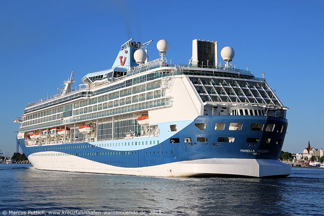 Das Kreuzfahrtschiff MARELLA DISCOVERY am 03. Juli 2018 im Kreuzfahrthafen Warnem&uuml;nde in der Hansestadt Rostock.