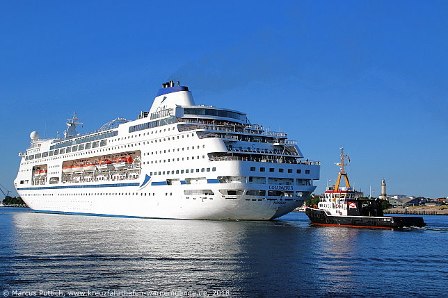 Das Kreuzfahrtschiff COLUMBUS am 20. Mai 2018 im Kreuzfahrthafen Warnem&uuml;nde in der Hansestadt Rostock.