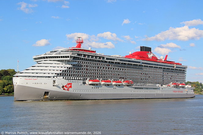 Das Kreuzfahrtschiff VALIANT LADY von der Kreuzfahrtreederei Virgin Voyages am 25. August 2026 in Hamburg (Deutschland).